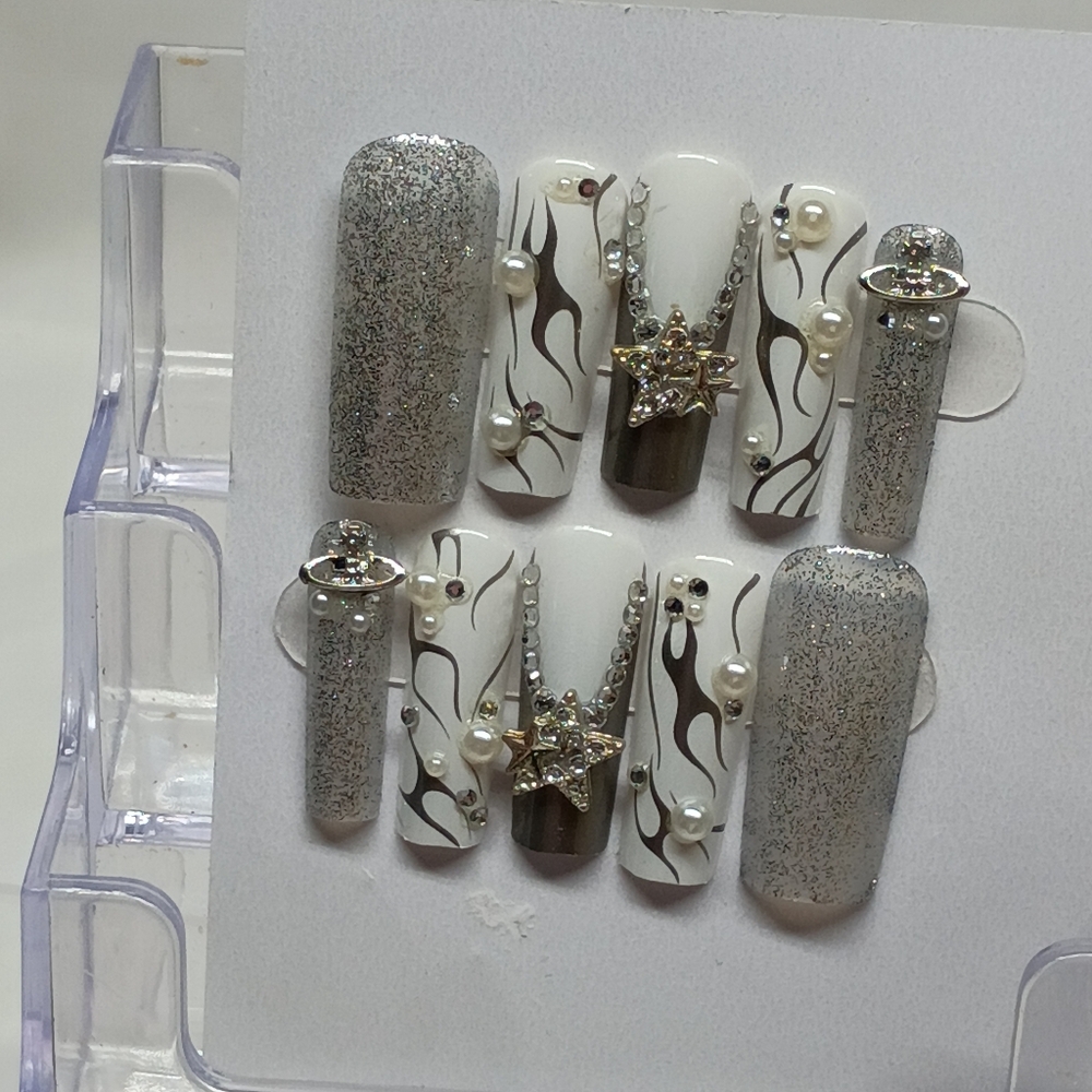 Silver and White Embellished False Nails